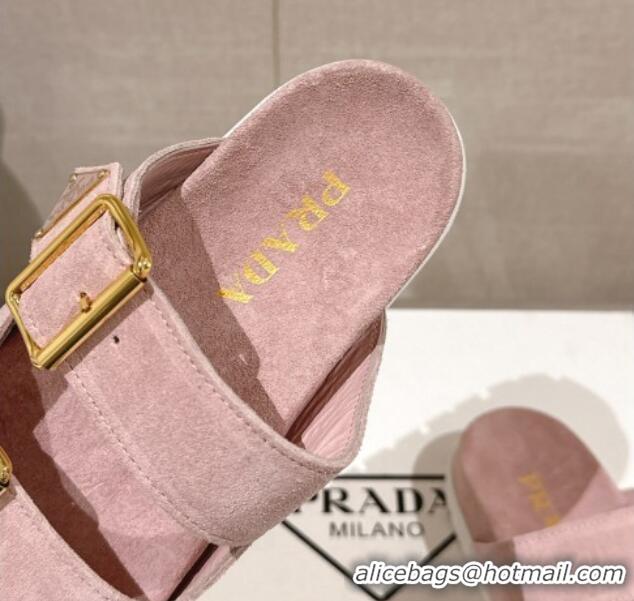 Grade Prada Suede Flat Slide Sandals with Double Buckle Strap Pink 430032