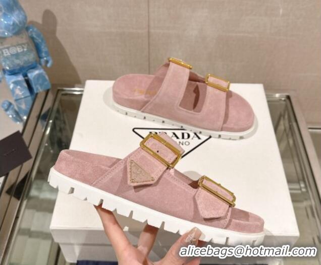 Grade Prada Suede Flat Slide Sandals with Double Buckle Strap Pink 430032