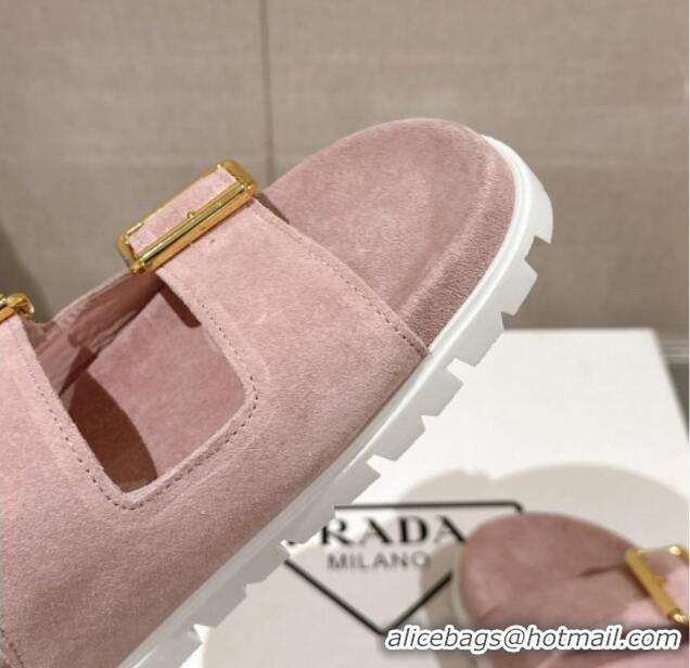 Grade Prada Suede Flat Slide Sandals with Double Buckle Strap Pink 430032