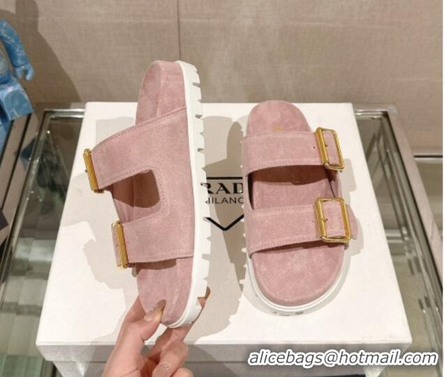 Grade Prada Suede Flat Slide Sandals with Double Buckle Strap Pink 430032