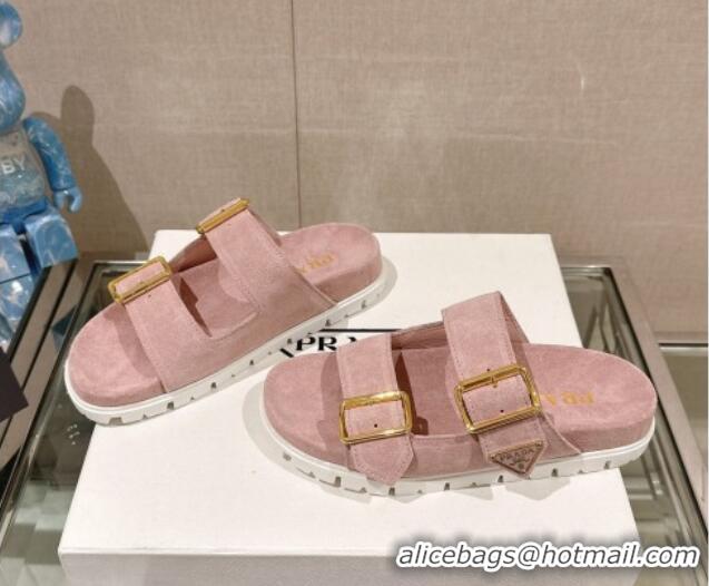 Grade Prada Suede Flat Slide Sandals with Double Buckle Strap Pink 430032