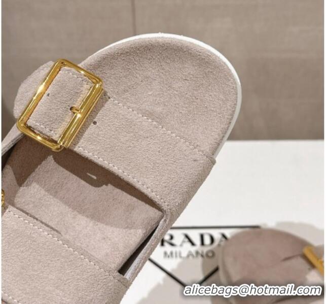 Top Grade Prada Suede Flat Slide Sandals with Double Buckle Strap Grey 430033