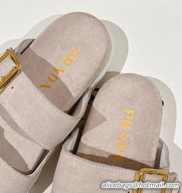 Top Grade Prada Suede Flat Slide Sandals with Double Buckle Strap Grey 430033