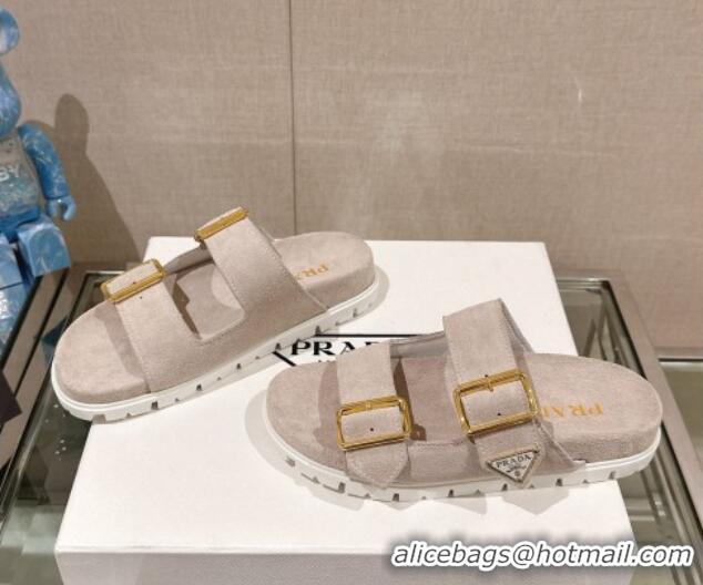 Top Grade Prada Suede Flat Slide Sandals with Double Buckle Strap Grey 430033