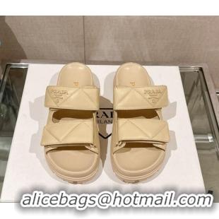 Luxury Discount Prada Quilted Nappa Leather Strap Flat Slide Sandals Beige 430035