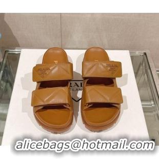 Luxury Prada Quilted Nappa Leather Strap Flat Slide Sandals Brown 430036