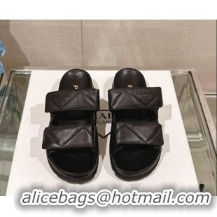 Best Product Prada Quilted Nappa Leather Strap Flat Slide Sandals Black 430037