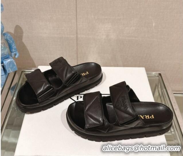 Best Product Prada Quilted Nappa Leather Strap Flat Slide Sandals Black 430037