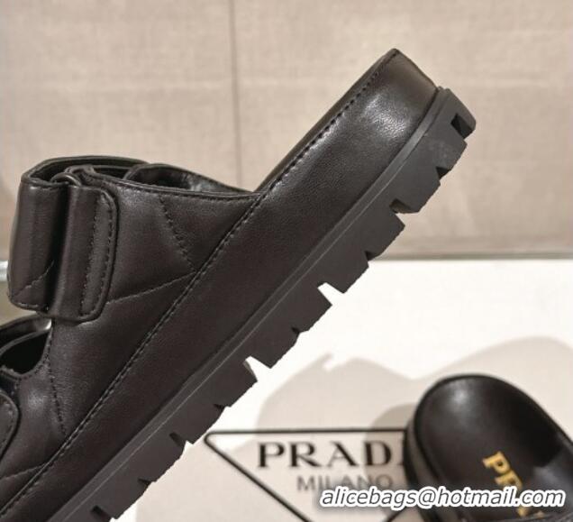 Best Product Prada Quilted Nappa Leather Strap Flat Slide Sandals Black 430037