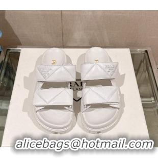 Stylish Prada Quilted Nappa Leather Strap Flat Slide Sandals White 430038