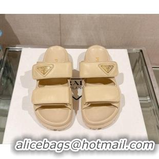 Unique Style Prada Shiny Nappa Leather Strap Flat Slide Sandals Beige 430039