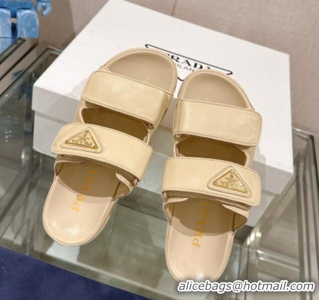 Unique Style Prada Shiny Nappa Leather Strap Flat Slide Sandals Beige 430039