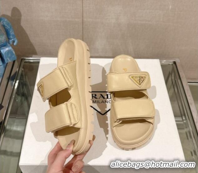 Unique Style Prada Shiny Nappa Leather Strap Flat Slide Sandals Beige 430039