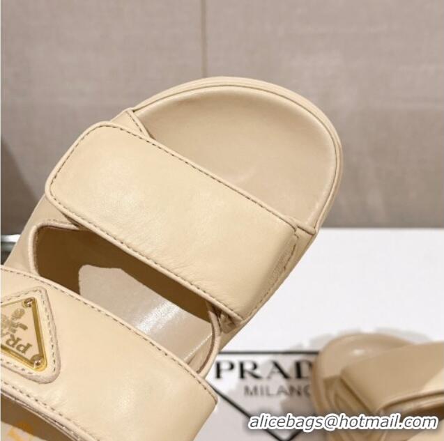 Unique Style Prada Shiny Nappa Leather Strap Flat Slide Sandals Beige 430039