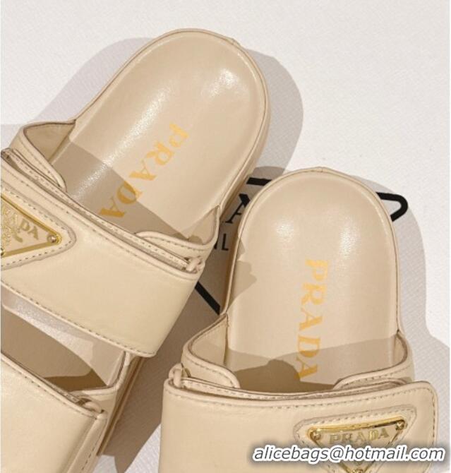 Unique Style Prada Shiny Nappa Leather Strap Flat Slide Sandals Beige 430039