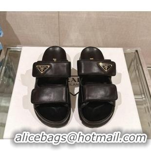 Popular Style Prada Shiny Nappa Leather Strap Flat Slide Sandals Black 430041