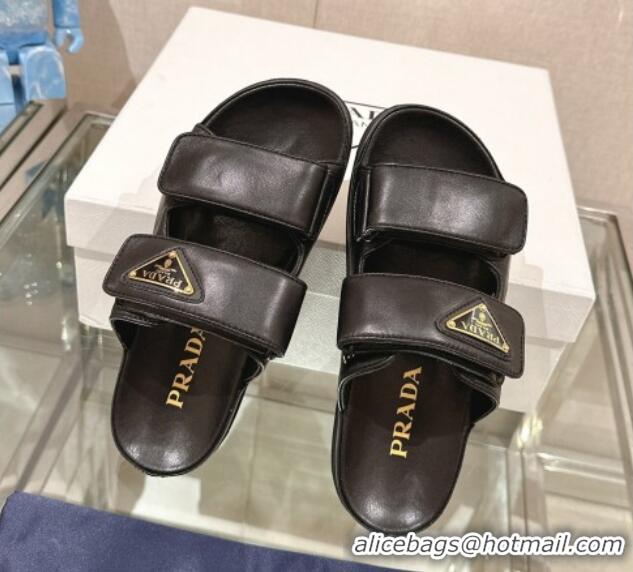 Popular Style Prada Shiny Nappa Leather Strap Flat Slide Sandals Black 430041