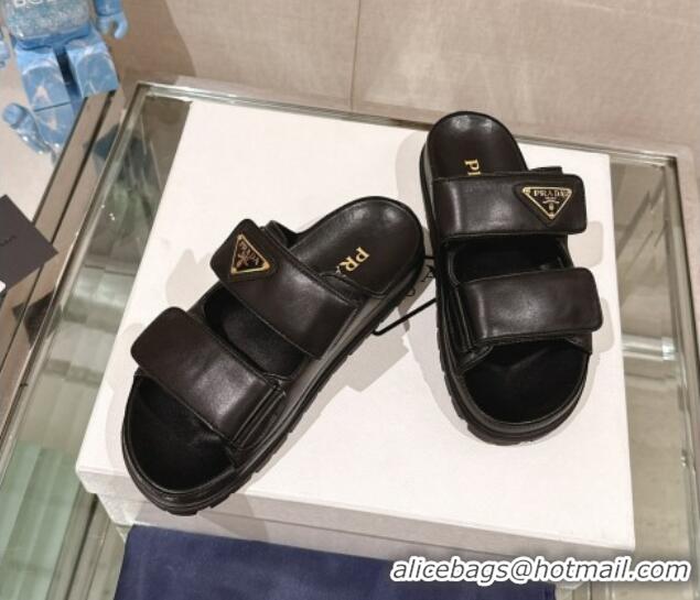 Popular Style Prada Shiny Nappa Leather Strap Flat Slide Sandals Black 430041