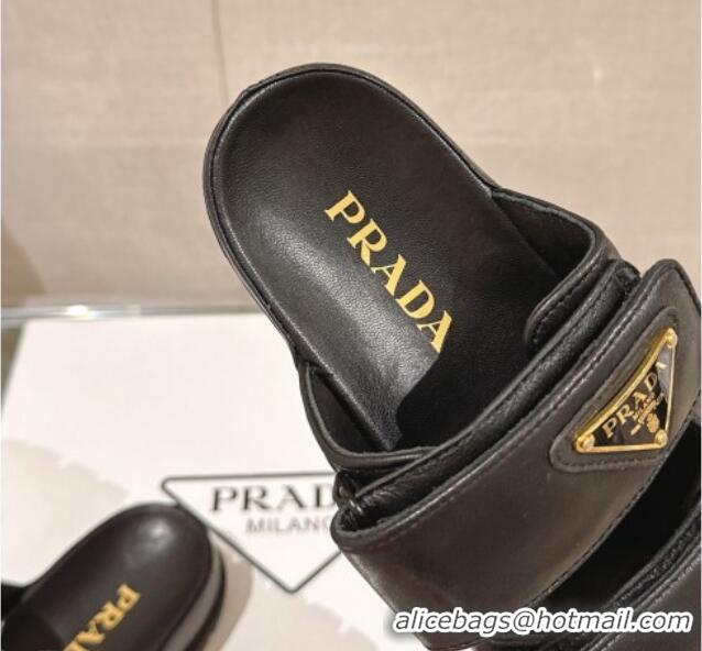 Popular Style Prada Shiny Nappa Leather Strap Flat Slide Sandals Black 430041