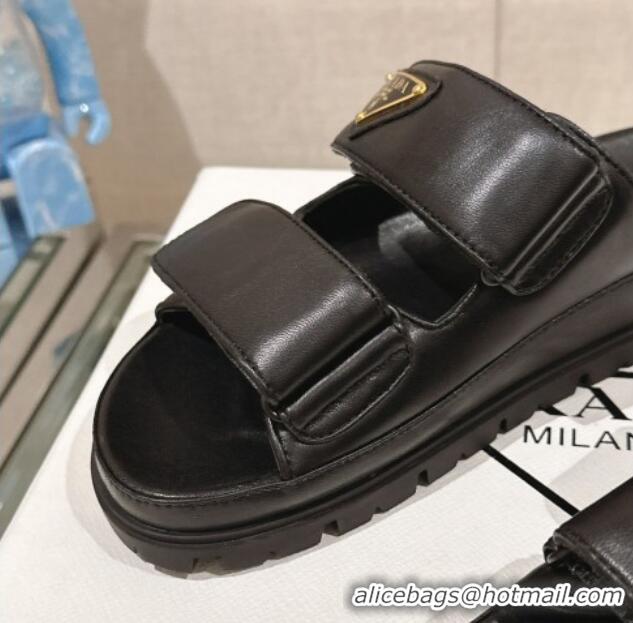 Popular Style Prada Shiny Nappa Leather Strap Flat Slide Sandals Black 430041