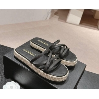 Pretty Style Chanel Calfskin Espadrille Flat Slide Sandals with Studs Chain Black 603021