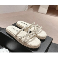 Shop Duplicate Chanel Braided Espadrille Flat Slide Sandals with Studs Chain White 603022