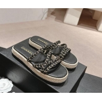 Good Looking Chanel Braided Espadrille Flat Slide Sandals with Studs Chain Black 603023