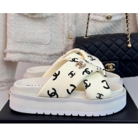 Top Grade Chanel CC Printed Platform Slide Sandals White 603026