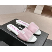 Charming Chanel Stripes Embroidered Fabric Flat Slide Sandals Pink 603036