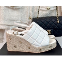 Stylish Chanel Quilted Lambskin Wedge Sandals 8cm with Logo Charm White 603040