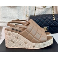 Trendy Design Chanel Quilted Lambskin Wedge Sandals 8cm with Logo Charm Brown 603041