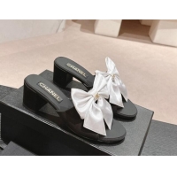 Top Grade Chanel Silk Heel Slides Sandal 6cm with Maxi Bow Black/White 603056