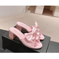 Good Quality Chanel Silk Heel Slides Sandal 6cm with Maxi Bow Light Pink 603060