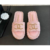 Pretty Style Chanel Raffia Straw Flat Slides Sandal Light Pink 603071