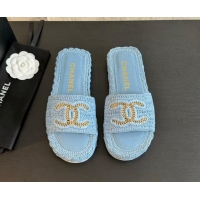 Durable Chanel Raffia Straw Flat Slides Sandal Light Blue 603072