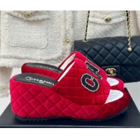 Unique Style Chanel Quilted Velvet Wedge Slides Sandals Red 603073