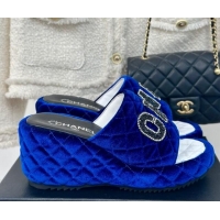 Good Quality Chanel Quilted Velvet Wedge Slides Sandals Blue 603074