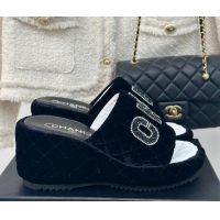 Best Product Chanel Quilted Velvet Wedge Slides Sandals Black 603076