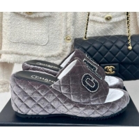 Luxurious Chanel Quilted Velvet Wedge Slides Sandals Grey 603077