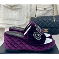 Luxury Cheap Chanel Quilted Velvet Wedge Slides Sandals Purple 603078