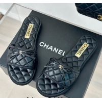 Top Design Chanel Quilted Lambskin Flat Slides Sandals with Bow Black 603080