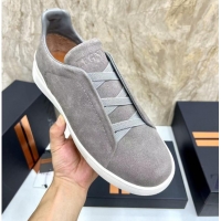 ​Promotional Zegna Melange Suede Triple Stitch Sneakers Feature A White Rubber Sole ZE4589 Grey