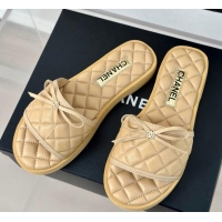 Classic Hot Chanel Quilted Lambskin Flat Slides Sandals with Bow Beige 603081