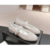 Stylish Chanel Stripes Embroidered Fabric Mary Janes Flat Ballet G45503 Beige 603083