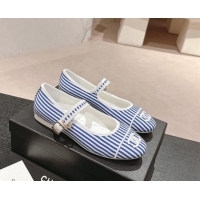 Good Quality Chanel Stripes Embroidered Fabric Mary Janes Flat Ballet G45503 Blue 603086