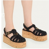 Top Quality Prada Raffia Cork Platform Fisherman Sandals PA8412 Black