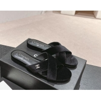 Low Price Chanel Velvet Flat Slides Sandals with Cross Strap Black 603095