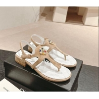 Sophisticated Chanel Suede Flat Thong Sandals with Pearls Flower Beige 603098