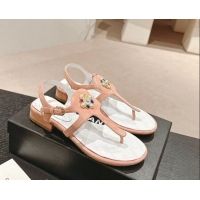 Best Product Chanel Suede Flat Thong Sandals with Pearls Flower Light Pink 603100