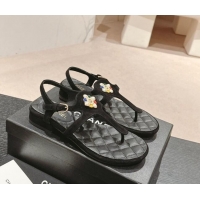 Good Looking Chanel Suede Flat Thong Sandals with Pearls Flower Black 603101